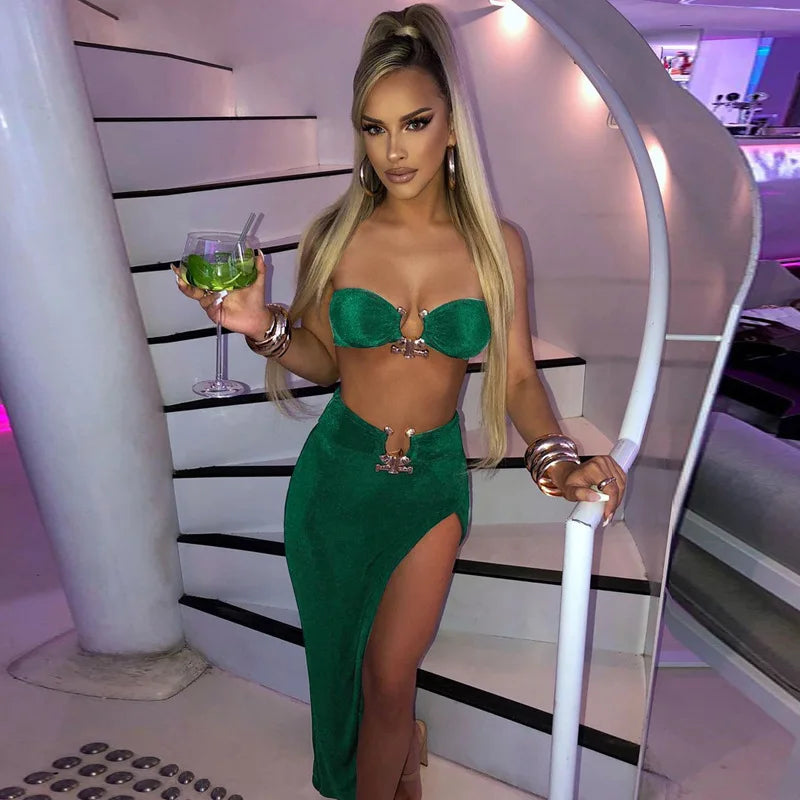 Velvet Sexy Strapless Kleid, Cropped Top mit Hoher Taille und Schlitz
