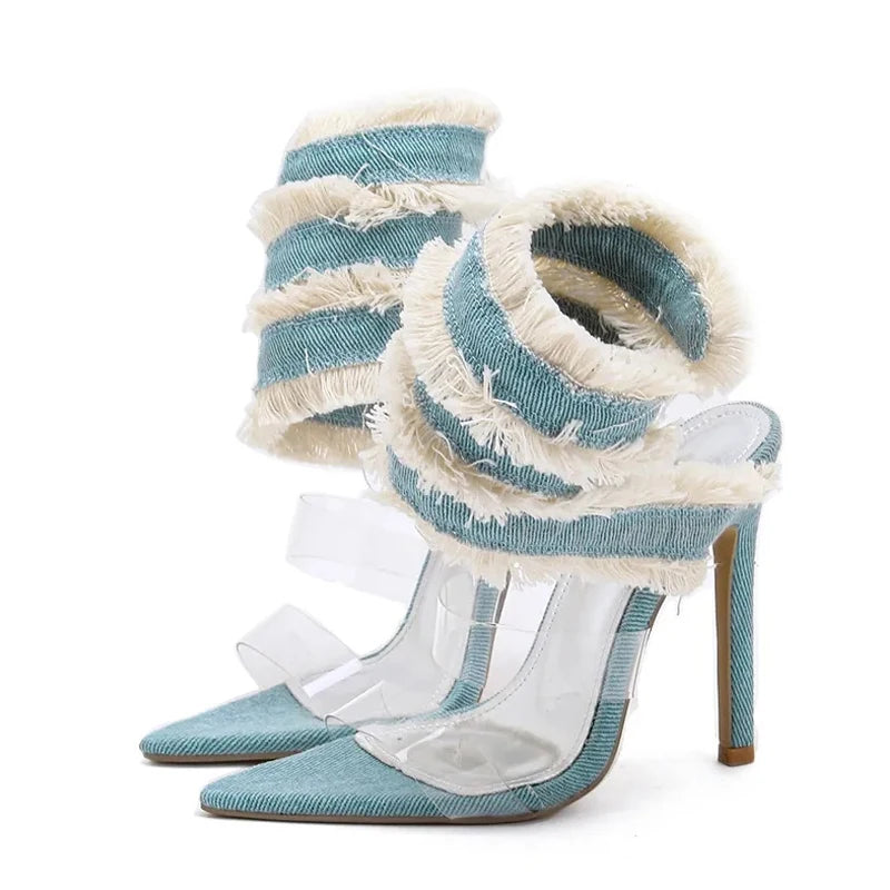 Transparente High Heel Sandale mit Wickelriemen für Damen