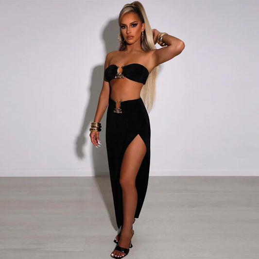 Velvet Sexy Strapless Kleid, Cropped Top mit Hoher Taille und Schlitz