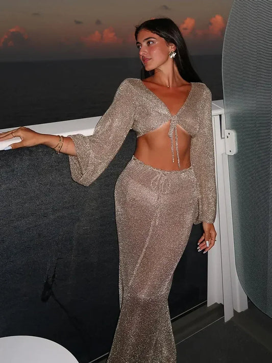 Sexy Metallic Gold Tank Top e Saia Longa de Tricot